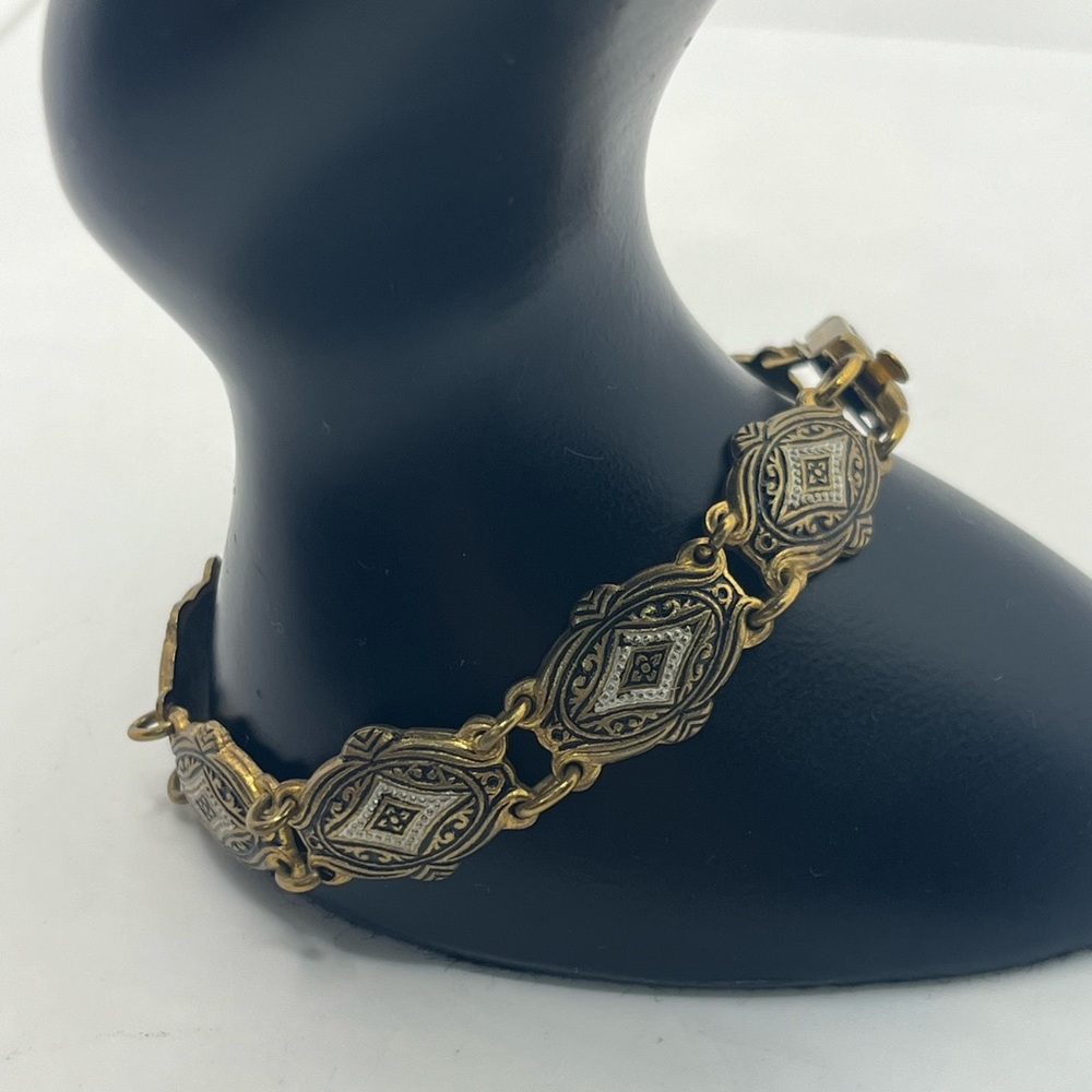 Toledo Spain gold tone black & white enameled design bracelet vintage - Picture 5 of 16